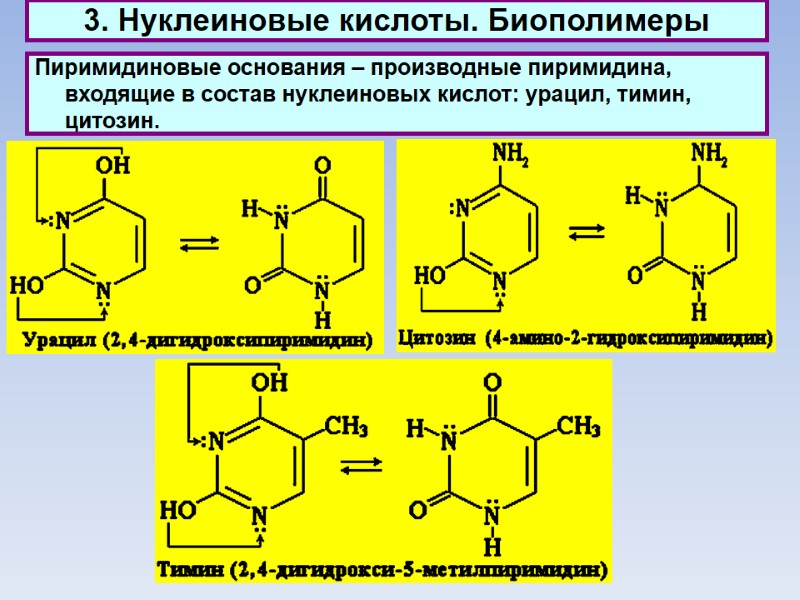 3. Нуклеиновые кислоты. Биополимеры Пиримидиновые основания – производные пиримидина, входящие в состав нуклеиновых кислот: